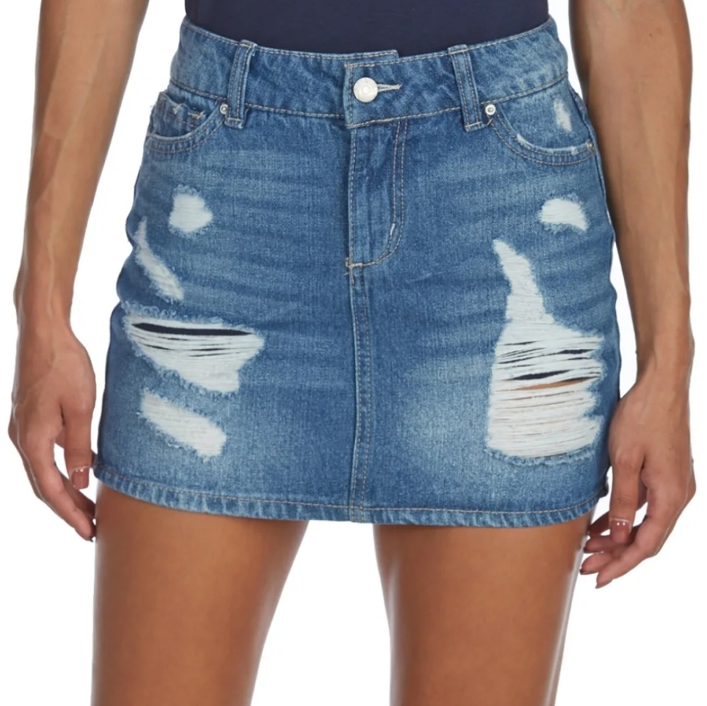 Blue spice distressed holey denim miniskirt size 3.